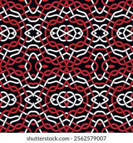 Celtic intricate lines seamless pattern. Colorful ornamental celtic knots vector background. Repeat  tribal ethnic celtic style traditional ornaments in red white black colors. Endless texture.