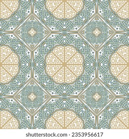 Patrón intrincado celta sin fisuras. Coloridos nudos célticos ornamentales de fondo vectorial. Repetir el contexto moderno con patrones. Ornamentos de estilo árabe tradicional de etnia tribal. Textura interminable ornamentada.