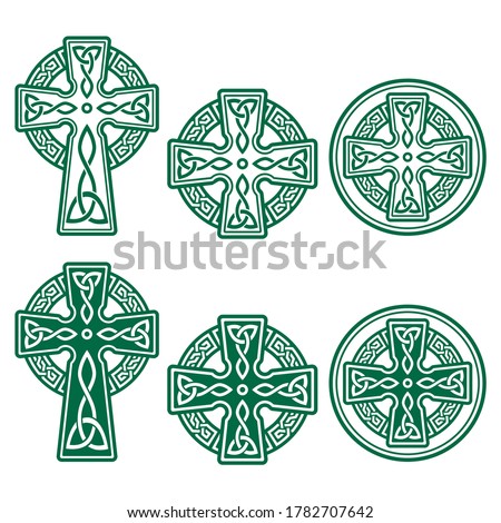 Celtic Irish cross vector retro design set in green - St Patrick's Day celebration in Ireland. Irish, Scottish and Welsh crosses with celtic patterns and knots collection 
