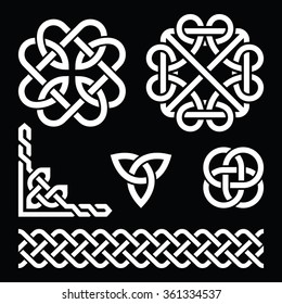 Celtic Irish knots, braids and patterns in white on black background