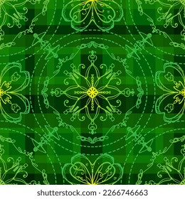 Celtic Irish traditional modern seamless pattern with shamrocks. Green colors. Tartan, St. Patrick's Day.