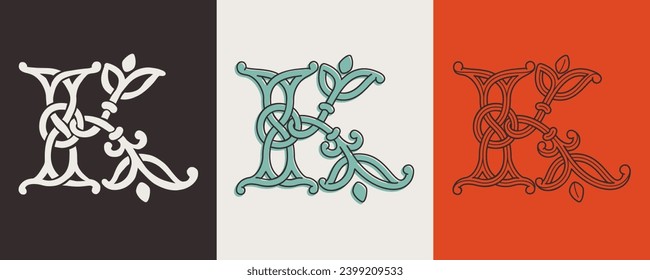 Keltisches K-Monogramm-Set. Insellöser Stil mit authentischen Knoten und miteinander verflochtenen Akkorden. Briten, Iren oder Sachsen überschneiden sich das Monogramm. Mittelalterliche Tätowierung, St. Patrick Day Logo und Sportbekleidung.