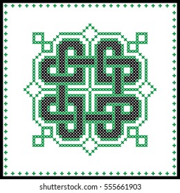 Celtic  knot in black and green cross stitch pattern on white and black background inspired by Irish St Patrick's day and ancient Scottish culture  
