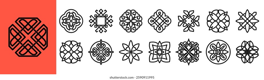 Celtic knot border. Traditional icon. Pattern infinity. Medieval culture. Simple design shape. Tribal cross. Endless ornament. Triquetra pictogram. Ornate line symbols set. Vector ancient garish style