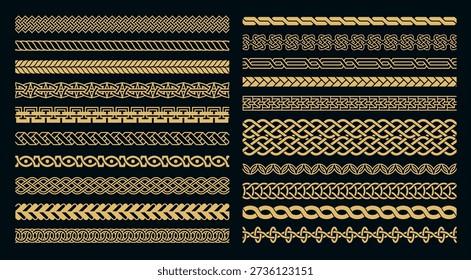 Celtic knot braid seamless borders with golden interlace and braided geometric frame for certificates, luxury background and Viking heraldic jewelry decorative design. Vector isolated set.