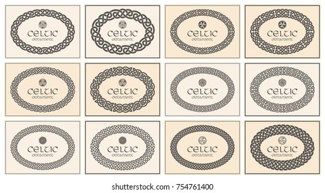 Celtic knot braided oval frame border ornament. A4 size. Vector illustration set.