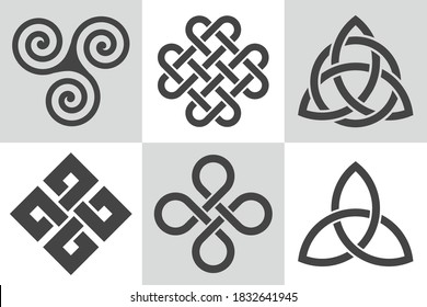 Celtic knot. Collection of vector patterns. Stylized endless knots used for decoration in Celtic Insular art.  Interlace patterns with abstract elements for traditional tattoo design. Sacred ornament.