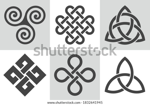 Celtic knot. Collection of vector patterns.\
Stylized endless knots used for decoration in Celtic Insular art. \
Interlace patterns with abstract elements for traditional tattoo\
design. Sacred\
ornament.