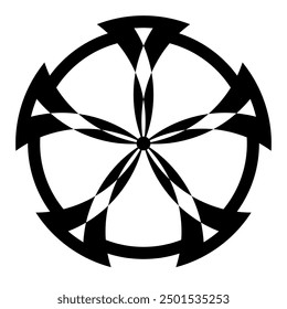 Celtic knot crop circle pattern. Five arcs on a circle, connected with interlaced circle segments. Pentagram, 5-pointed star, and pentagonal figure. Modelled after a corn circle found 2024 in Dorset.