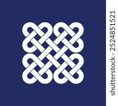 Celtic knot design intricate interwoven lines. White endless loop decorative pattern on dark blue background vector illustration. Traditional symbol common to Irish and Scottish culture.