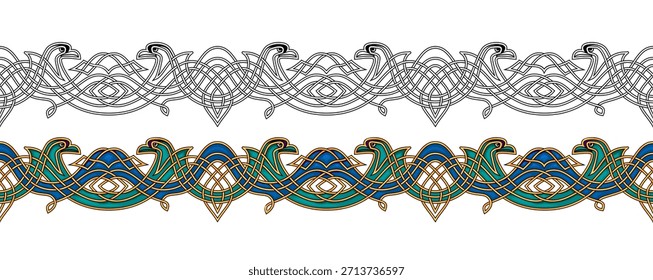 Celtic knot design with magic birds. Luxury border vintage with golden waves. Seamless pattern. Color and black and white template. Print for fabric, embroidery, carpet, wallpaper. Hand drawn vector