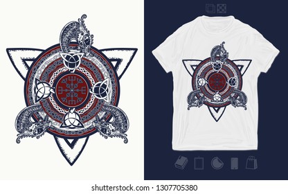 Celtic knot and dragons. Print for t-shirts and another, trendy apparel design. Helm of Awe, aegishjalmur 