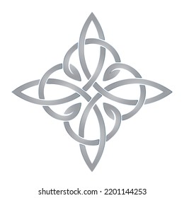 Celtic knot, endless line cross logo, silver symbol isolated on white background.