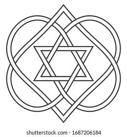 Celtic knot entwining hearts and stars of David, vector Jewish heart shape with star of David art two hearts are woven into carved love knot, symbol Jewish wedding