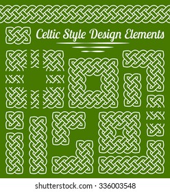 Celtic knot frame and design elements, vector illustration (white outline isolated on green background)