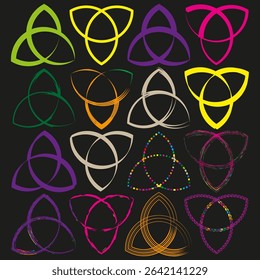 Celtic knot icon. Multicolor symbol shape. Vector sacred pattern. Black background contrast.