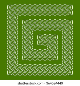 Celtic knot laid in clockwise spiral, vector illustration (pointed corners, white outline on green background, isolated)