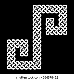 Celtic knot laid in an S shape curve, vector illustration (pointed corners, white on black background, isolated)