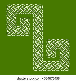 Celtic knot laid in an S shape curve, vector illustration (pointed corners, white outline on green background, isolated)