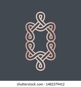 Celtic knot letter O logo.Intertwined lines typographic icon.Lettering sign.Alphabet initial in rose gold metallic color isolated on dark background.Ornamental sign.Luxury style frame character.