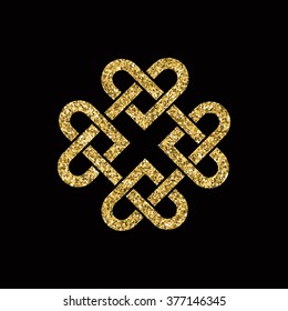 Celtic knot made from interlocking hearts. Gold glitter on black background. EPS10 vector format.