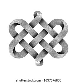 Celtic knot made of interweaved moebius stippled tape as two twisted hearts symbol. Vector illustration isolated on white background.