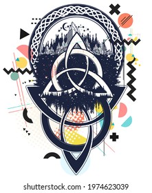 Celtic knot. Mountain, forest, symbol travel, symmetry, tourism. Zine culture concept. Hand drawn vector glitch tattoo, contemporary cyberpunk collage. Vaporwave art