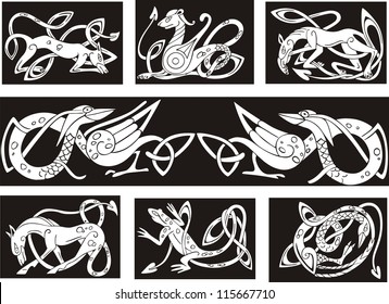 Celtic knot patterns with animals. Set of vector illustrations.