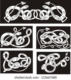 Celtic knot patterns with snakes. Set of vector illustrations.