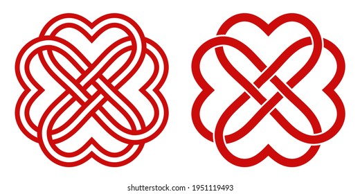 Celtic knot of red hearts in the shape of a flower, vector knot of hearts symbol of endless love mutual understanding and friendship