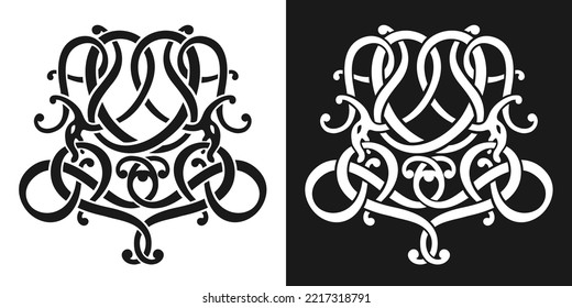 Celtic knot, Scandinavian ornament pattern with viking dragons, hand drawn. Sketch for a tattoo. Vector illustration.