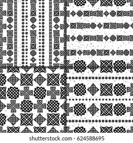 Celtic knot seamless black and white pattern set. Four ethnic abstract backgrounds.