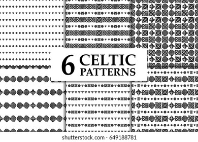 Celtic knot seamless black and white pattern set. Six ethnic abstract backgrounds.