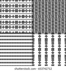Celtic knot seamless black and white pattern set. Four ethnic abstract backgrounds.