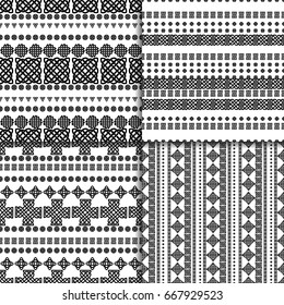 Celtic knot seamless black and white pattern set. Four ethnic abstract backgrounds.