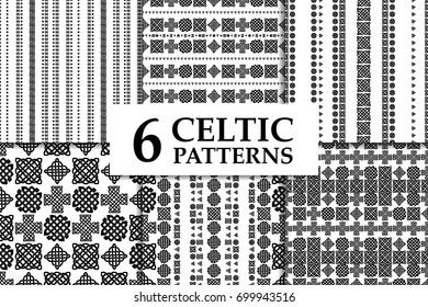 Celtic knot seamless black and white pattern set. Six ethnic abstract backgrounds.