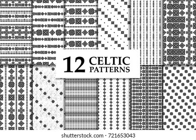 Celtic knot seamless black and white pattern set. Twelve ethnic abstract backgrounds.
