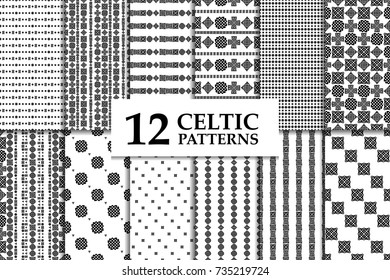 Celtic knot seamless black and white pattern set. Twelve ethnic abstract backgrounds.