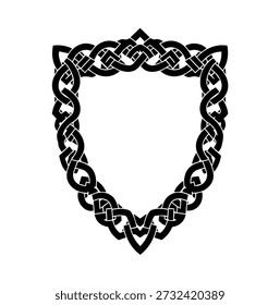 Marco de escudo de nudo celta, intrincado diseño de Vector negro para logotipos históricos, arte celta y símbolos protectores.