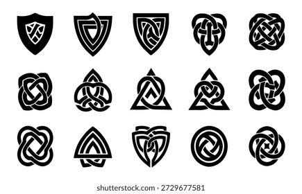 Celtic Knot Shields and Ornate Intertwined Symbols Vector Set - Ancient Irish Scottish Welsh Tribal Art Icon Collection for Design and Branding