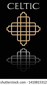 Celtic knot simple elegant abstract shape, symbole of celtic culture. Golden design with mirror image on black background.