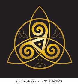 Símbolo de nudo celta de Eternidad, Amor y buena suerte. Señal de oro espiritual de la Santísima Trinidad aislada en el fondo negro. Diseño del logotipo de Triquetra, Triskelion o trébol. 