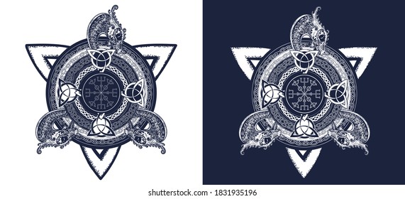 Celtic knot tattoo art and t-shirt design. Helm of Awe. Black and white vector graphics 