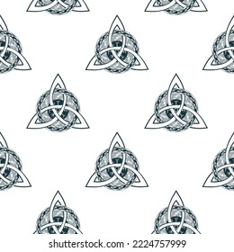 Keltisches Triquetra nahtloses Muster. Handgezeichnete Vektorgrafik für Hintergründe, Textilien und Umhüllung. 