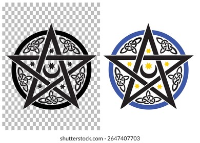 Celtic knot vector illustration set: abstract background, ornament icon, star symbol, compass design, pentagram sign, web pattern art