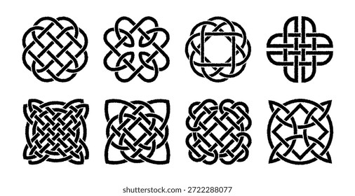 Conjunto de Vector de nudo celta con textura de tinta artesanal, antiguos símbolos entrelazados en estilo tribal. Geometría ornamental decorativa inspirada en la herencia medieval y el diseño de patrones tradicionales.