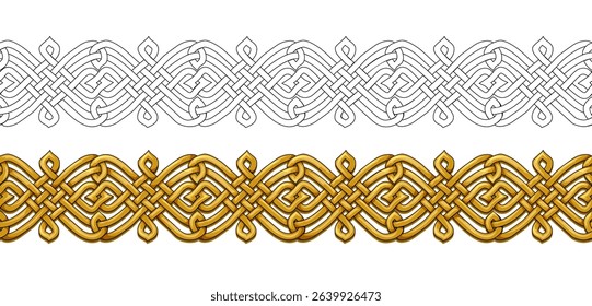 Celtic knot weave design. Seamless pattern. Nordic border ornament. Color and black and white template set. Print for decoration, fabric, embroidery, carpet, wallpaper. Flat vector illustration.