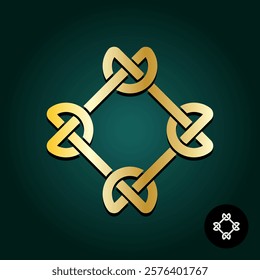 Celtic knot weave style logo. Golden symbol on dark green background. Square shape frame.