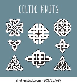 Celtic knots. Beautiful celtics knot symbols, eternal trinity trefoil unity energy interconnected knotted icons isolated on color background, tribal irish celt loops vector signes illustration