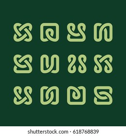 Celtic knots inspired vector logos collection. Irish pattern, ornament, simple green elements on dark background.